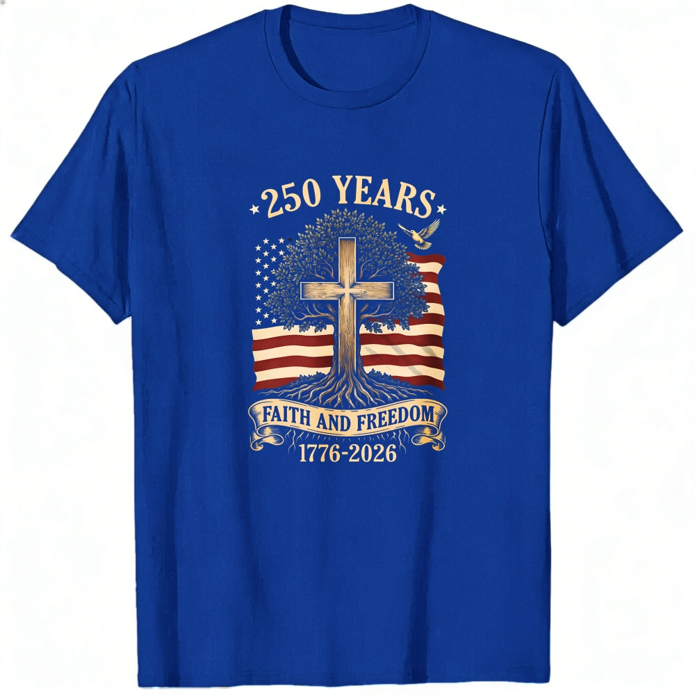 Patriotic Christian American Flag Cross Tree 250 Years Faith And Freedom 1776 2026 Classic T-Shirt