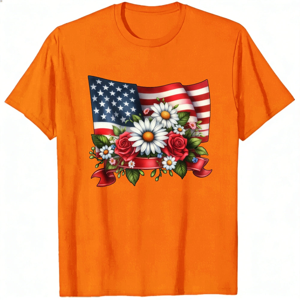 Patriotic American Flag And Flowers Classic T-Shirt