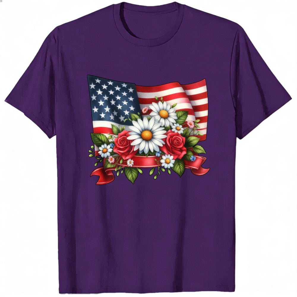 Patriotic American Flag And Flowers Classic T-Shirt