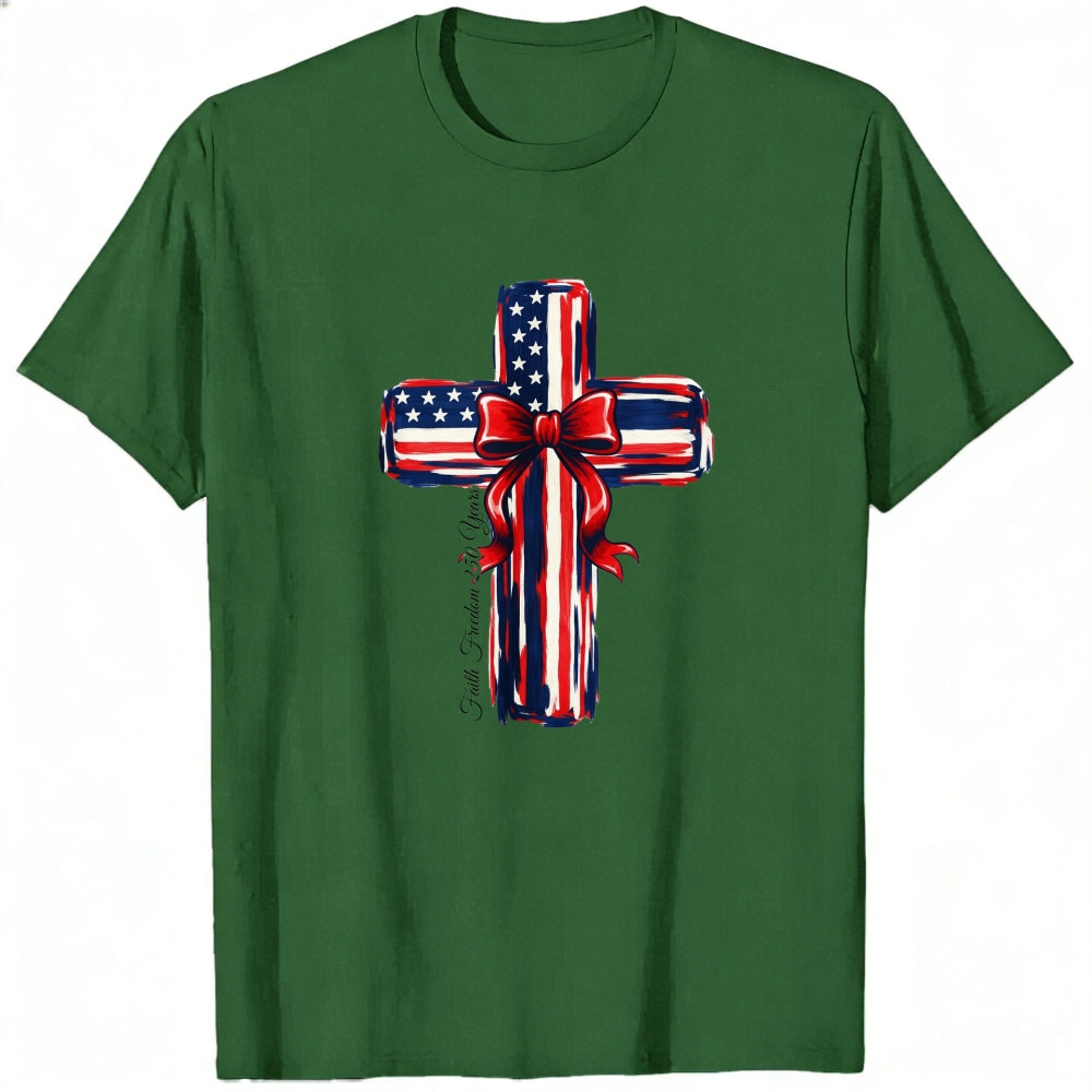 Patriotic Cross Design Classic T-Shirt American Flag Pattern With Red Bow And Inspirational Text
