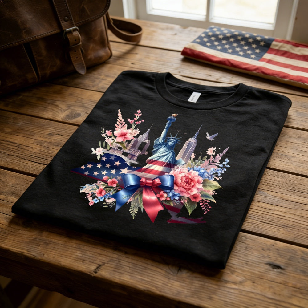 Patriotic Floral Design Classic T-Shirt Statue Of Liberty And American Flag With Flowers And Cityscape