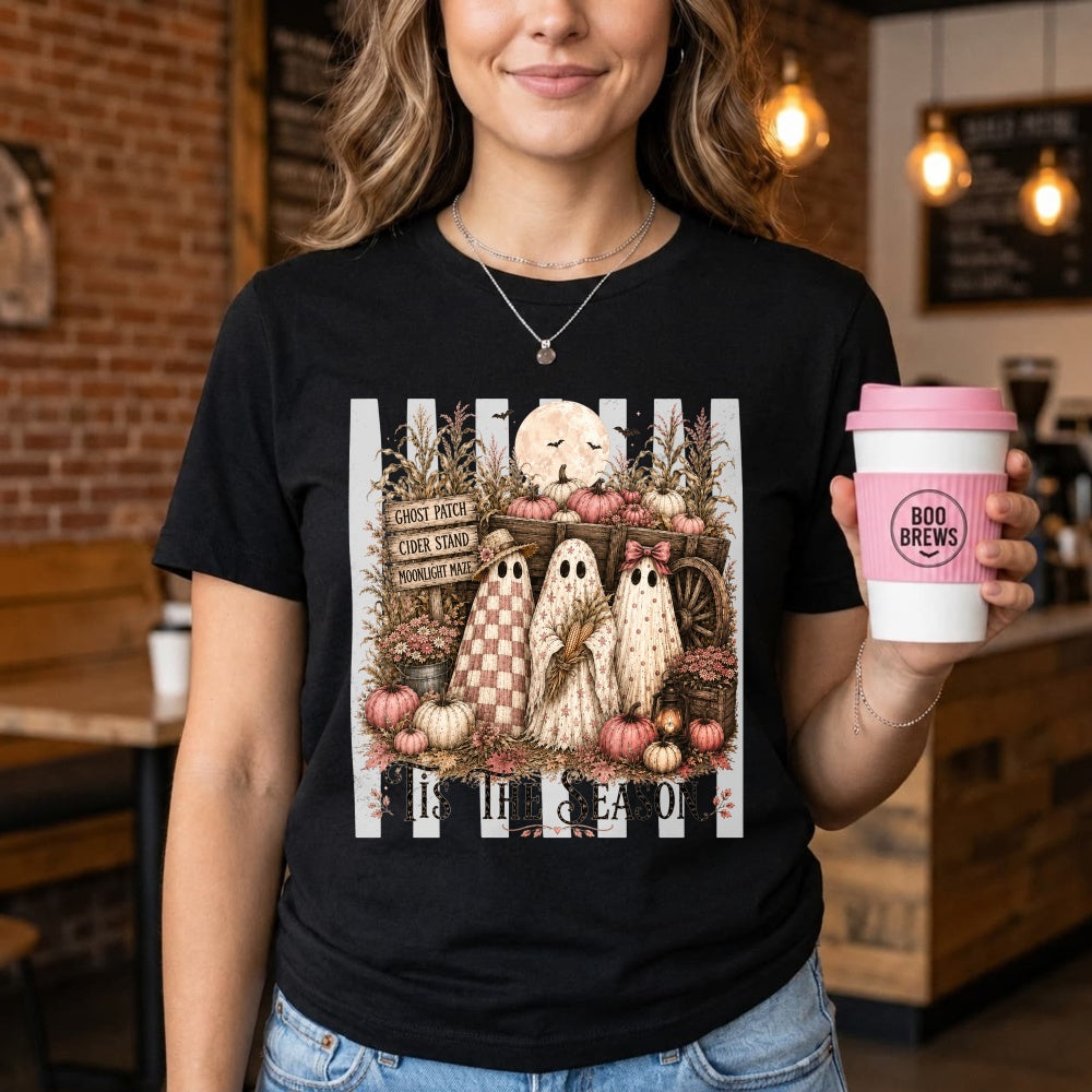 Vintage Halloween Ghosts Pumpkins Wagon Classic T-Shirt Tis The Season Autumn Decor