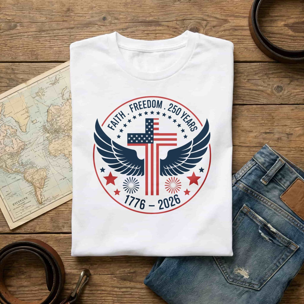 Patriotic American Flag Cross Wings Classic T-Shirt Faith Freedom 250 Years 1776 2026