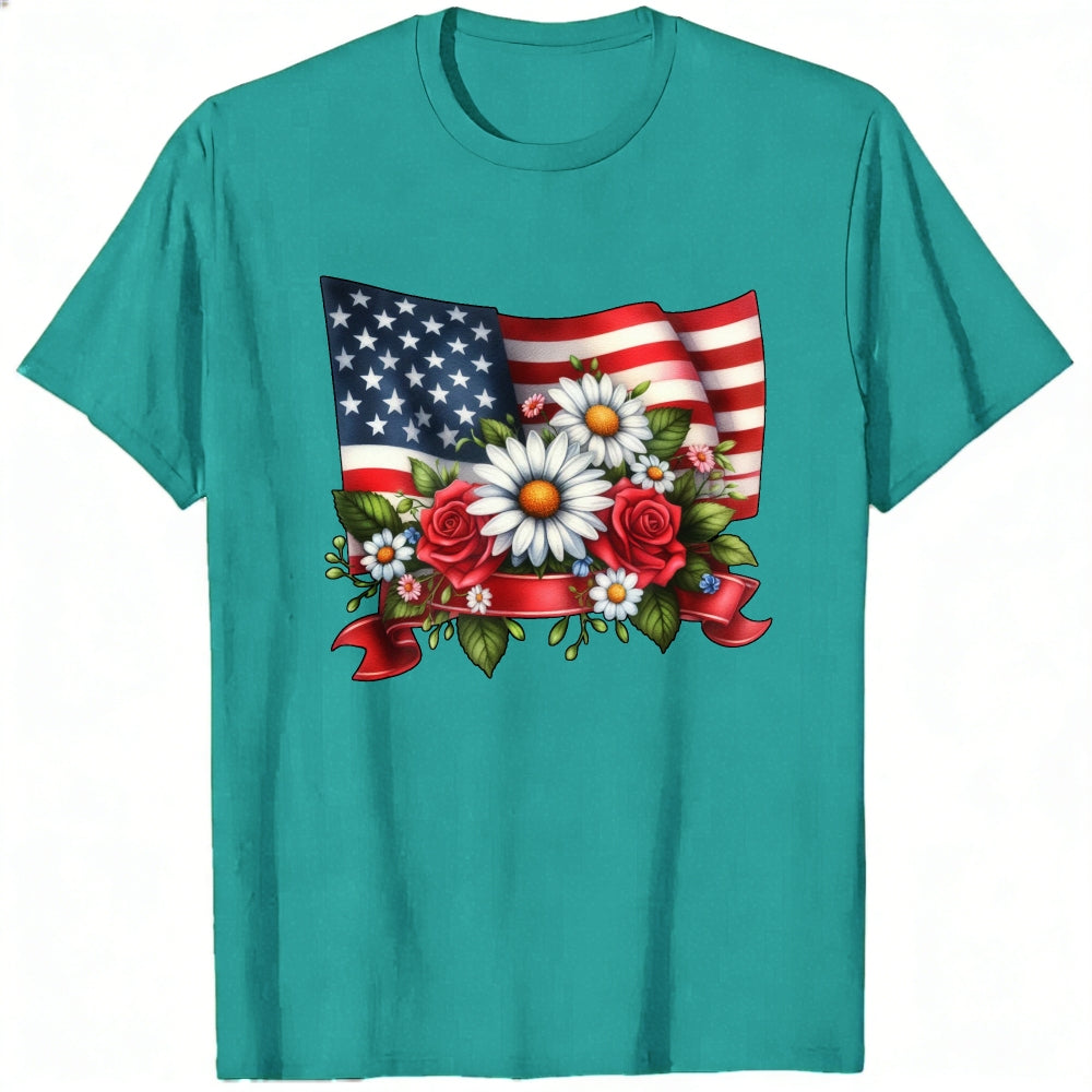Patriotic American Flag And Flowers Classic T-Shirt