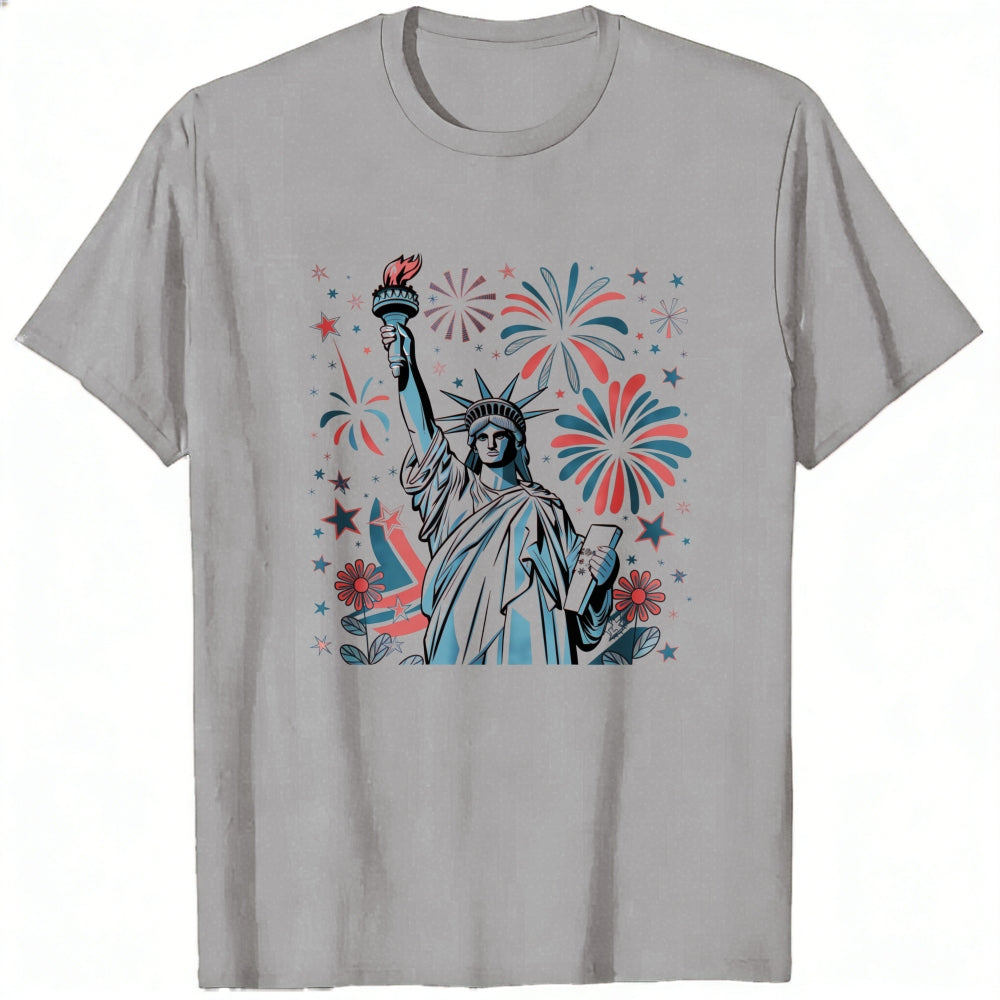 American Patriotic Design Classic T-Shirt Statue Of Liberty Fireworks Stars And Flowers