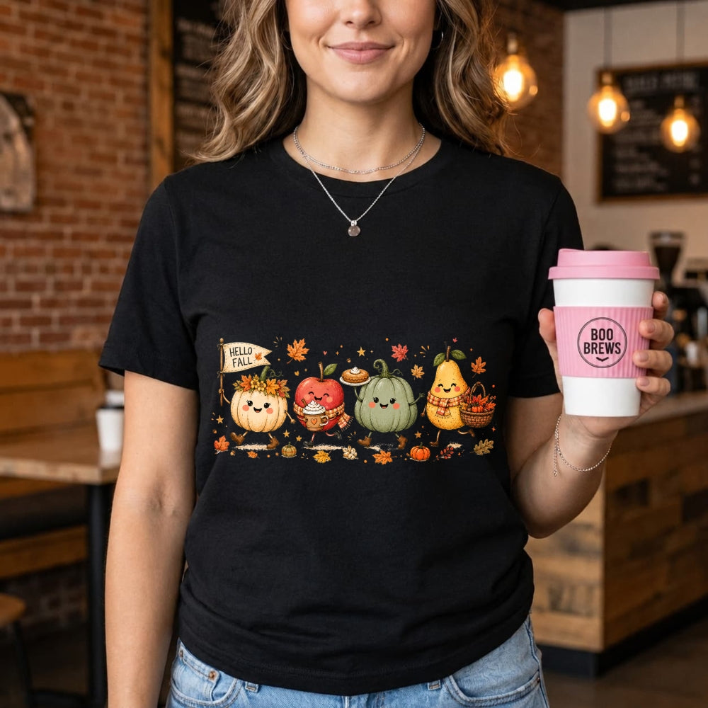 Cute Kawaii Autumn Harvest Pumpkin Apple Pear Classic T-Shirt Hello Fall Seasonal Fruit Vegetable De