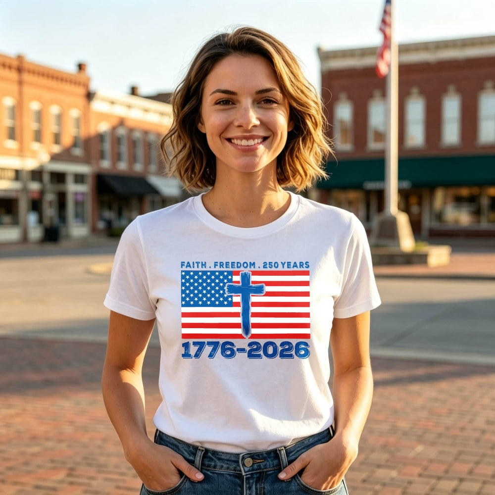 Patriotic American Flag Cross Faith Freedom 250 Years 1776 2026 Classic T-Shirt