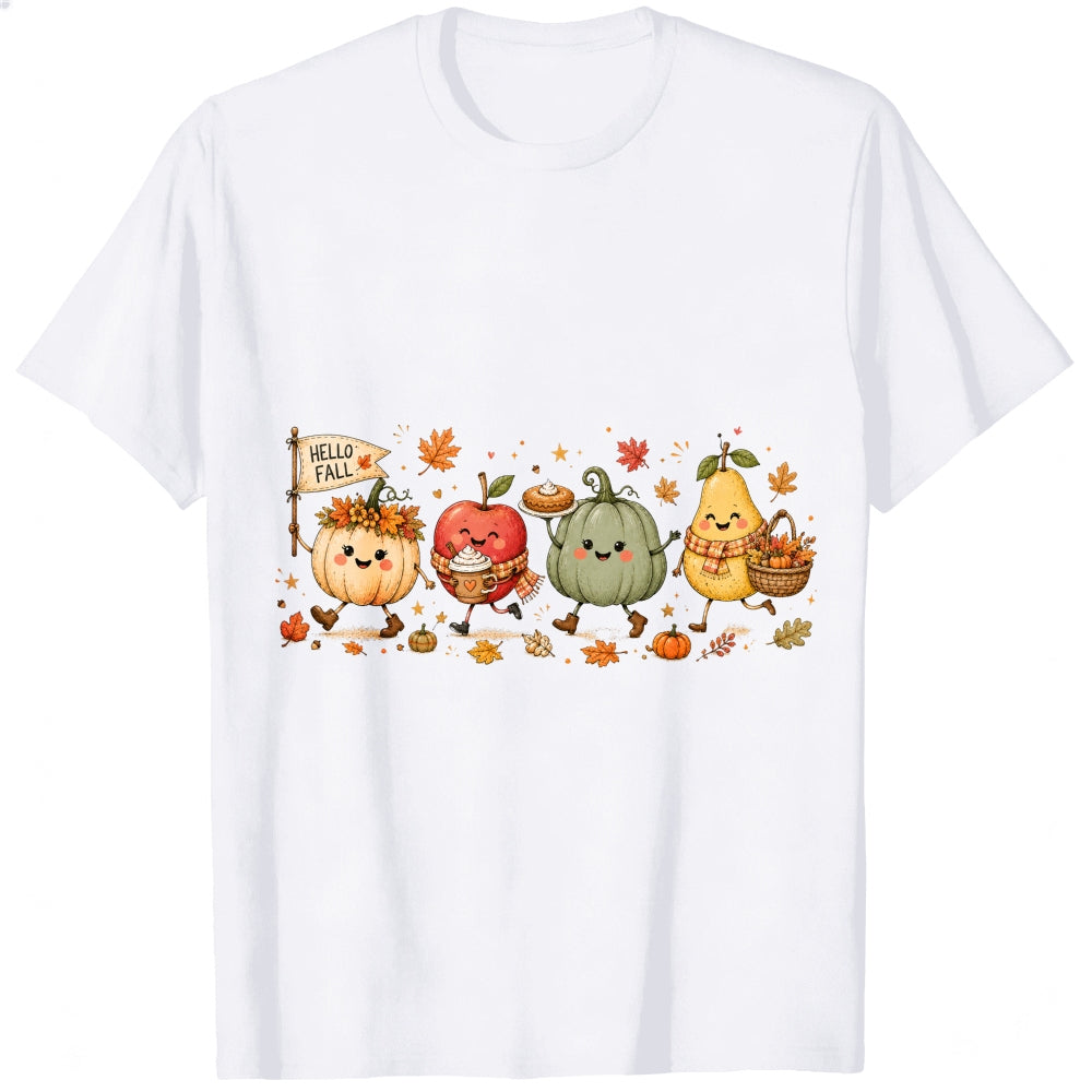 Cute Kawaii Autumn Harvest Pumpkin Apple Pear Classic T-Shirt Hello Fall Seasonal Fruit Vegetable De