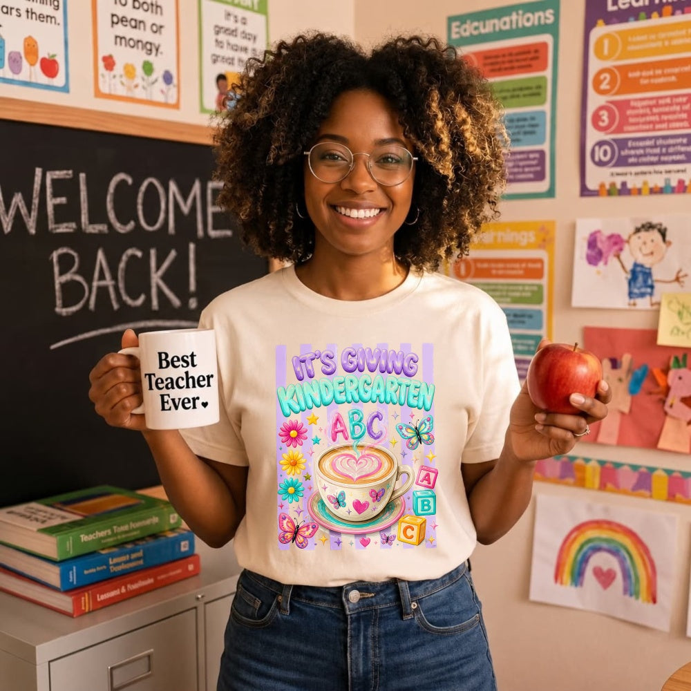 Cute Kindergarten Teacher Classic T-Shirt Its Giving Kindergarten Abc Coffee Butterfly Flowers Desig