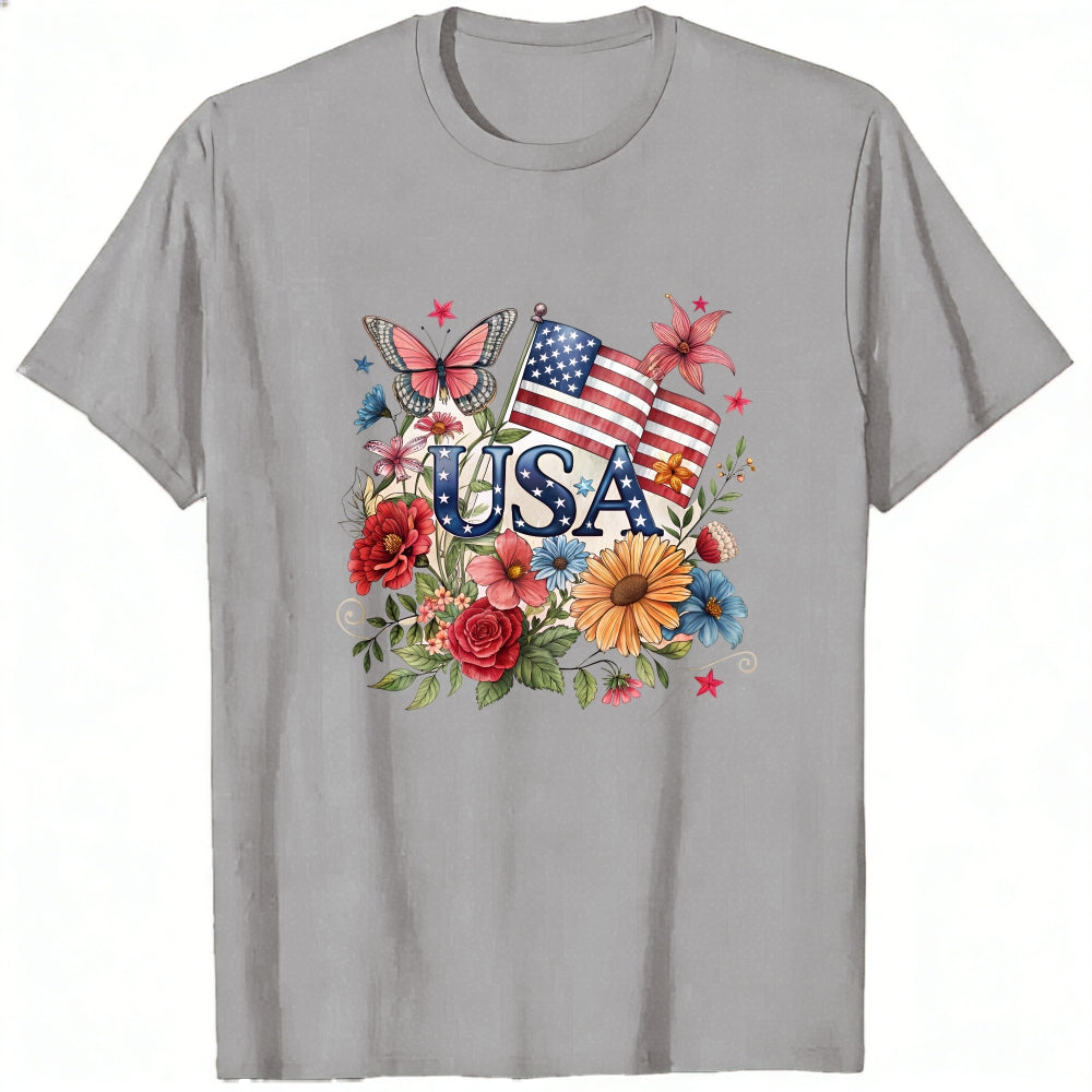Patriotic Floral Design Classic T-Shirt Usa Flag And Flowers