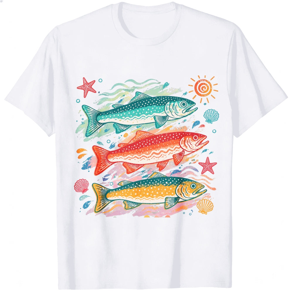 Vintage Style Classic T-Shirt Colorful Trout Fish And Sea Stars Ocean Art