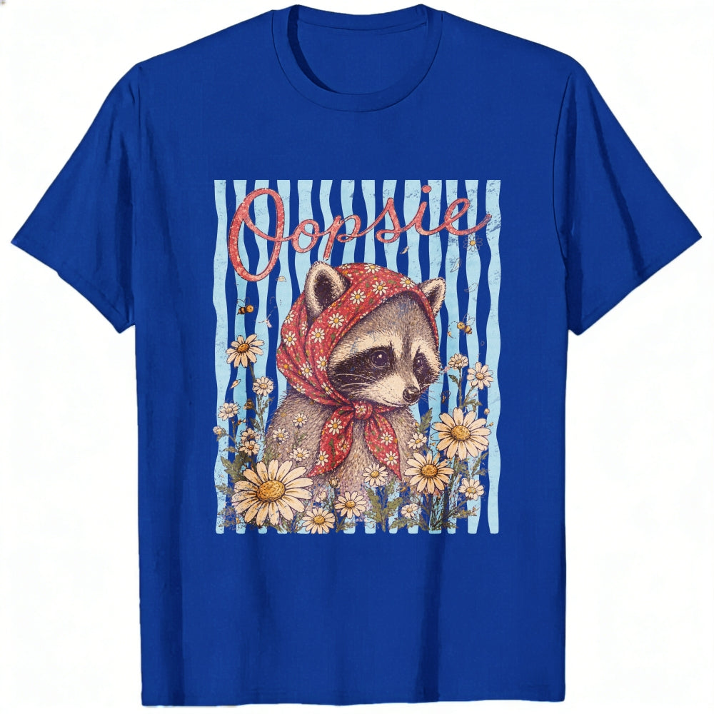 Vintage Style Classic T-Shirt Oopsie Raccoon With Red Bandana And Daisy Flowers