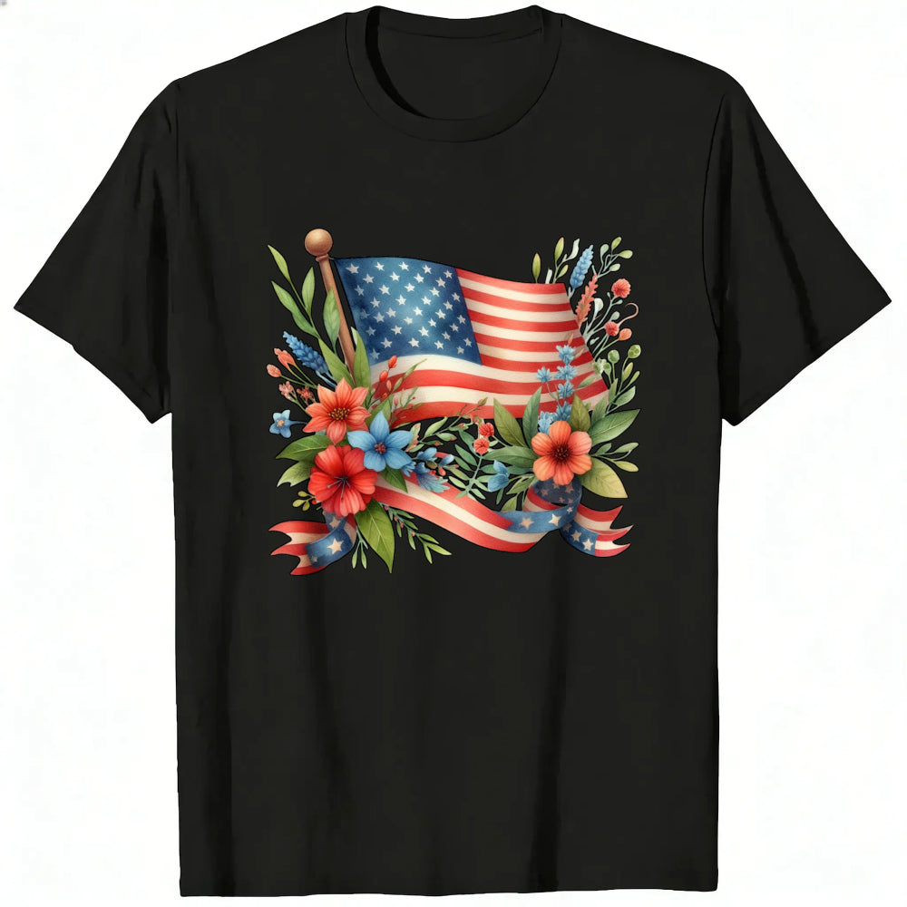 Patriotic Floral Design Classic T-Shirt American Flag And Flowers