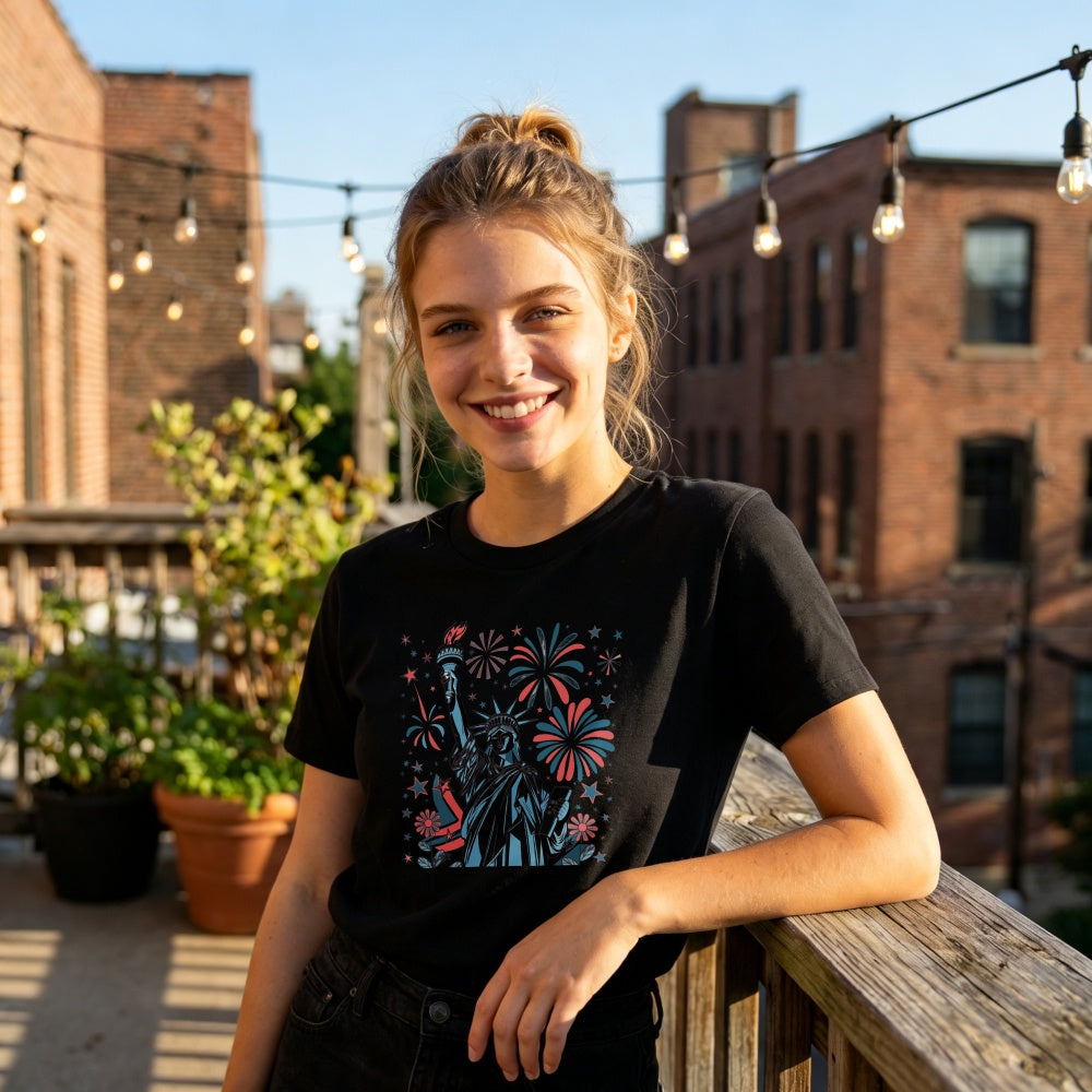 American Patriotic Design Classic T-Shirt Statue Of Liberty Fireworks Stars And Flowers