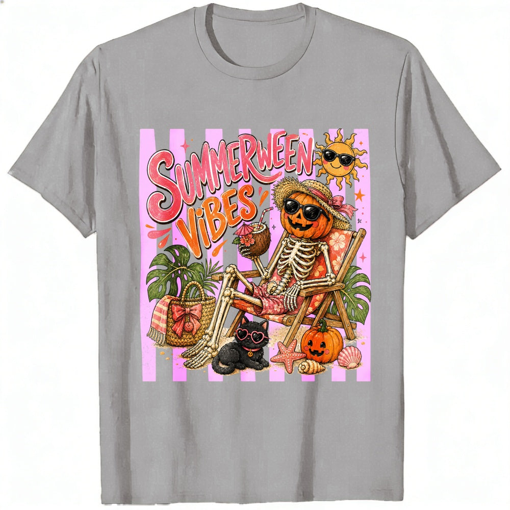 Retro Summer Halloween Vibes Skeleton Pumpkin Beach Classic T-Shirt