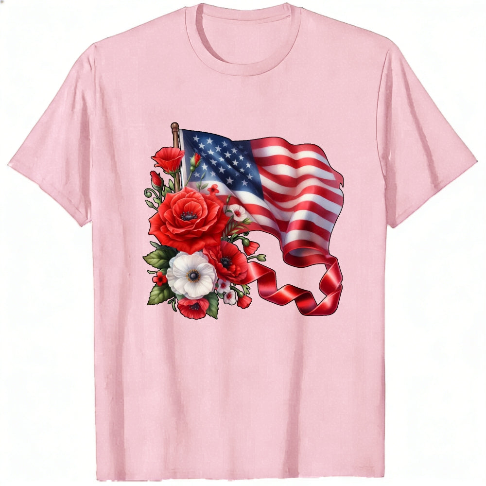 Patriotic American Flag And Flowers Classic T-Shirt