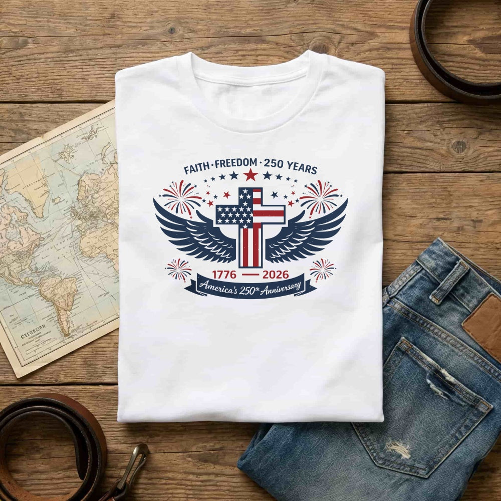 Patriotic American Flag Cross Wings Classic T-Shirt Faith Freedom 250 Years 1776 2026 Anniversary