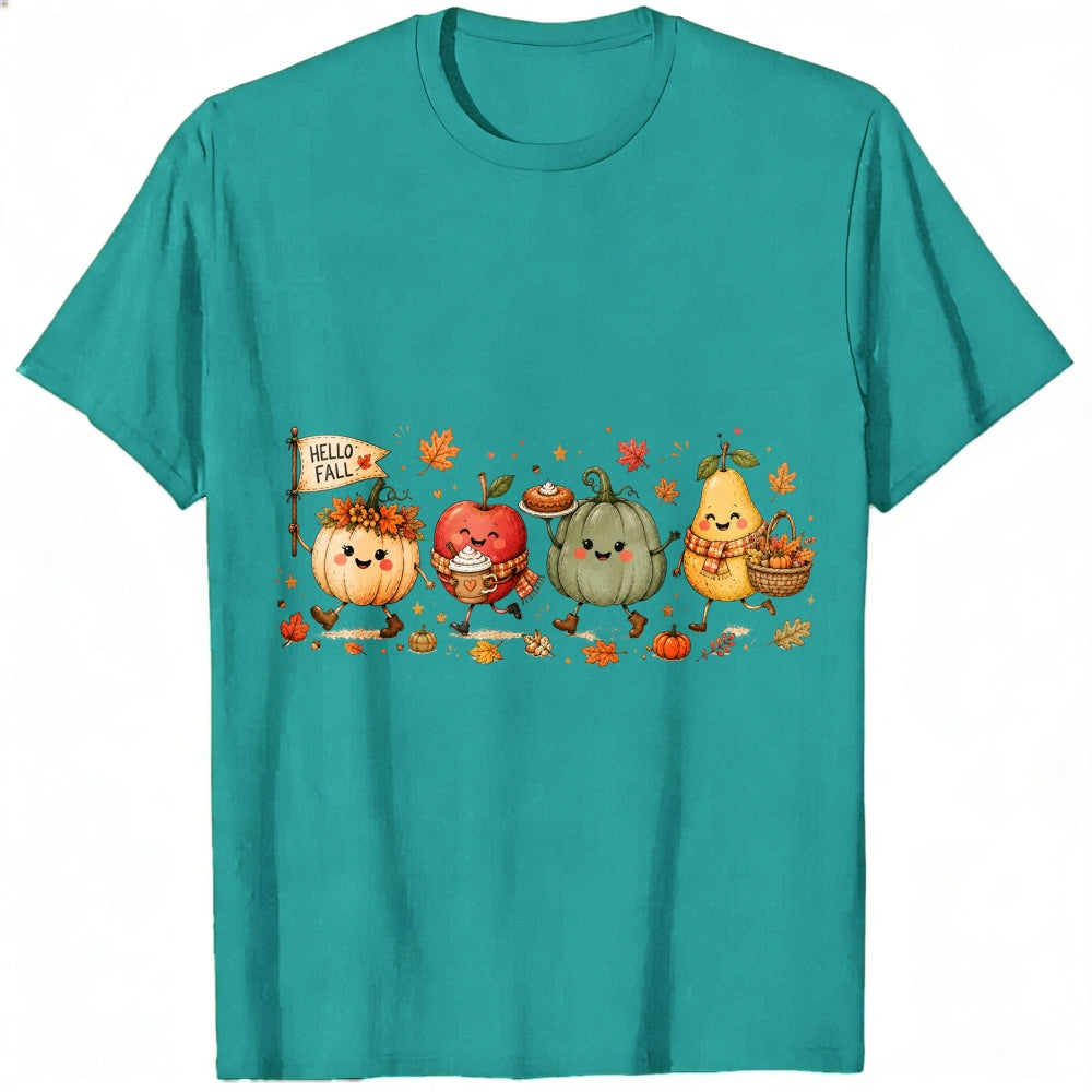Cute Kawaii Autumn Harvest Pumpkin Apple Pear Classic T-Shirt Hello Fall Seasonal Fruit Vegetable De