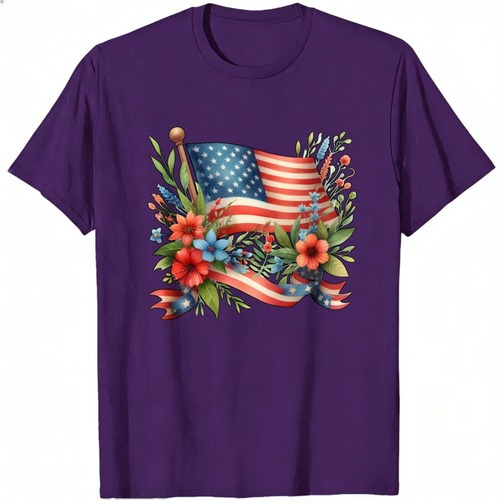 Patriotic Floral Design Classic T-Shirt American Flag And Flowers