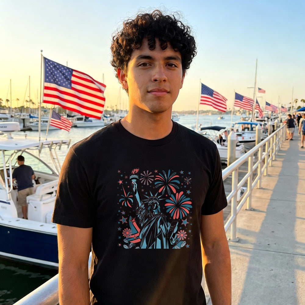 American Patriotic Design Classic T-Shirt Statue Of Liberty Fireworks Stars And Flowers