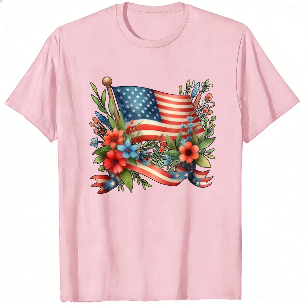 Patriotic Floral Design Classic T-Shirt American Flag And Flowers