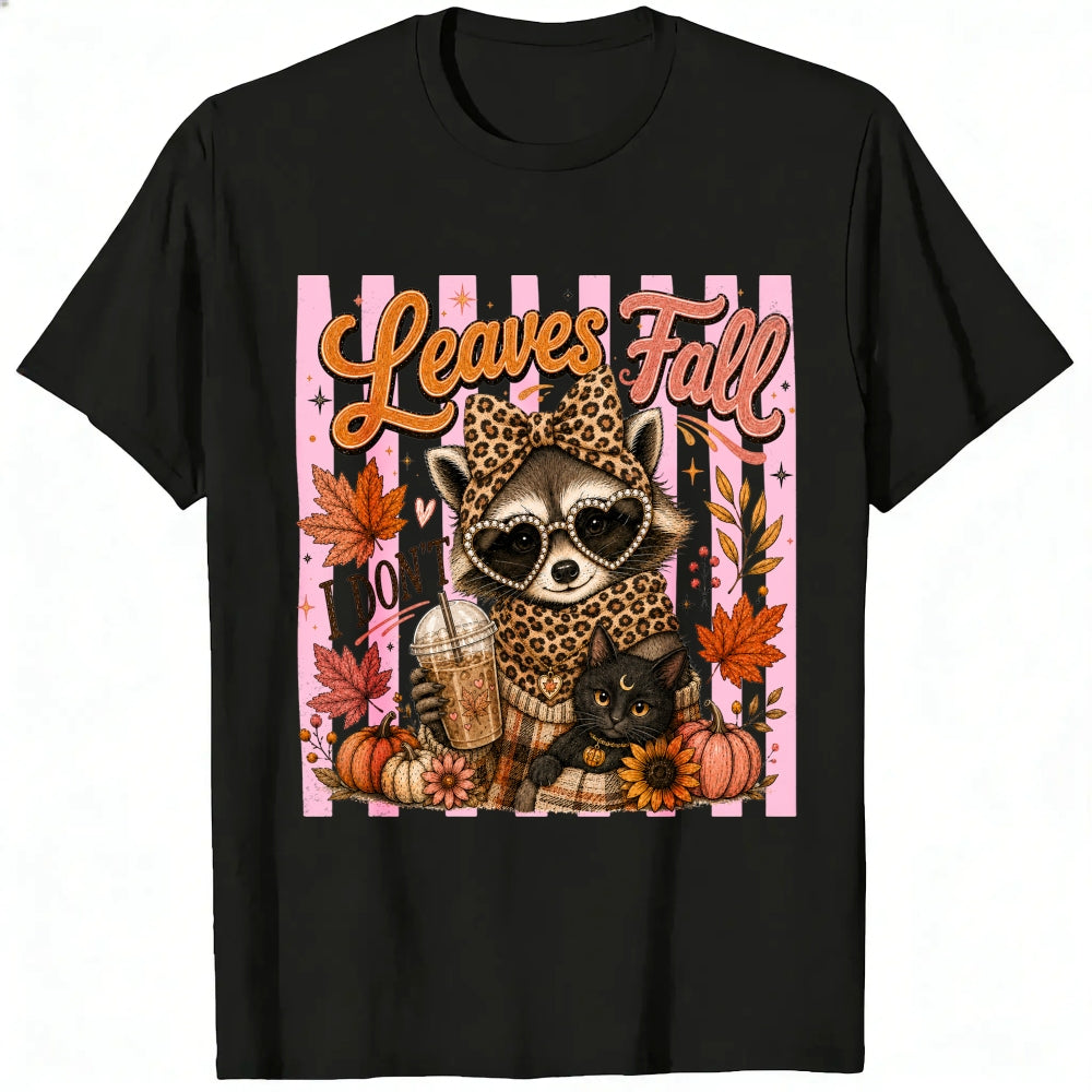 Cute Leopard Raccoon And Black Cat Autumn Leaves Fall Classic T-Shirt