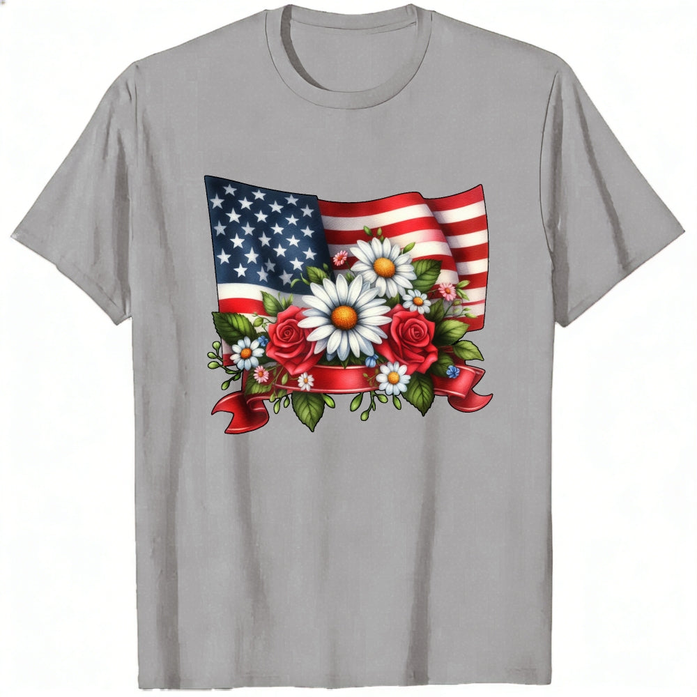 Patriotic American Flag And Flowers Classic T-Shirt