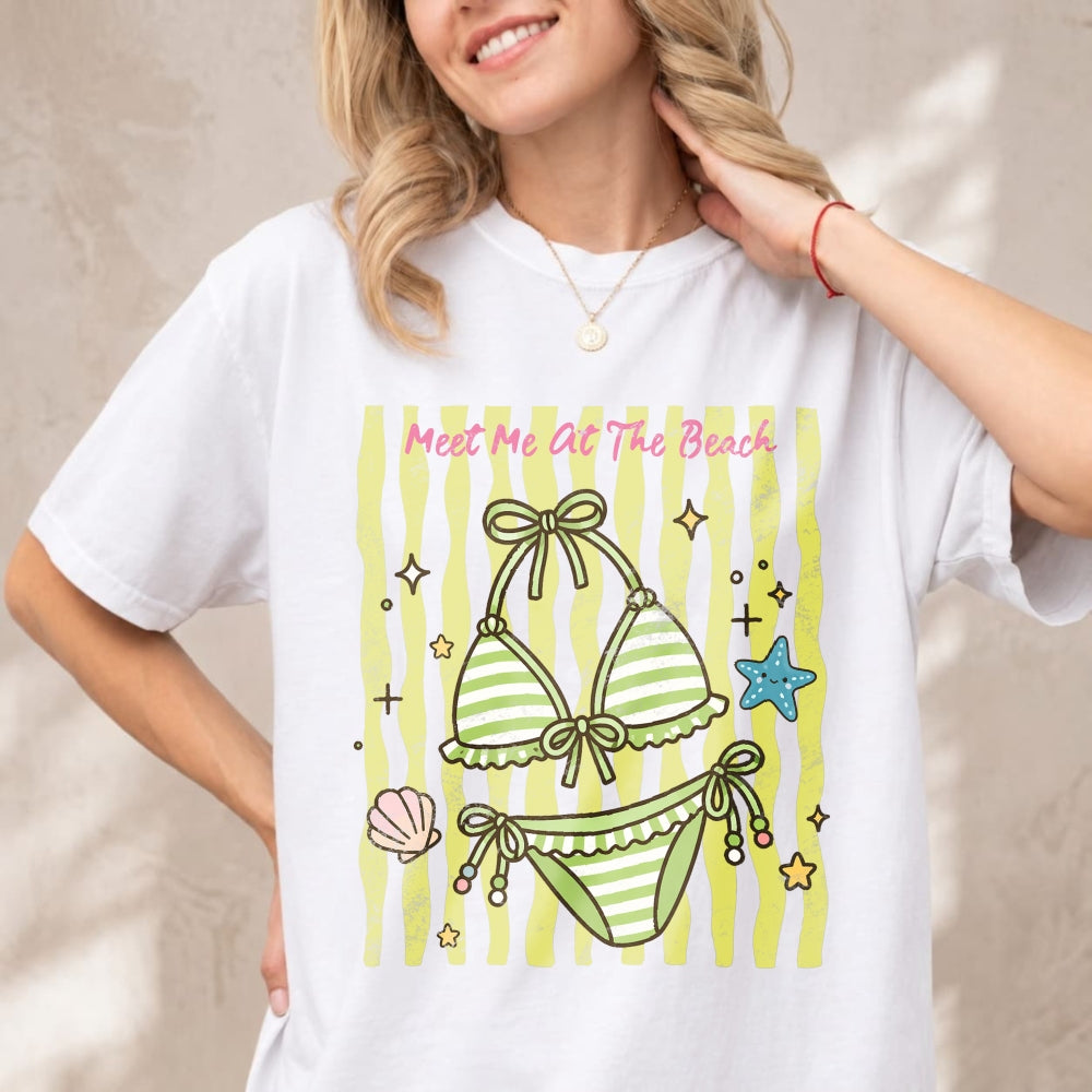 Cute Summer Beach Bikini Graphic Classic T-Shirt Meet Me At The Beach Striped Seashell Starfish Desi