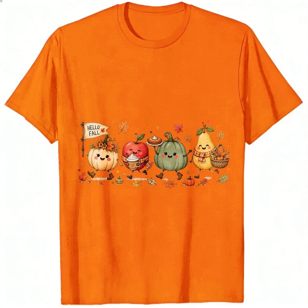 Cute Kawaii Autumn Harvest Pumpkin Apple Pear Classic T-Shirt Hello Fall Seasonal Fruit Vegetable De