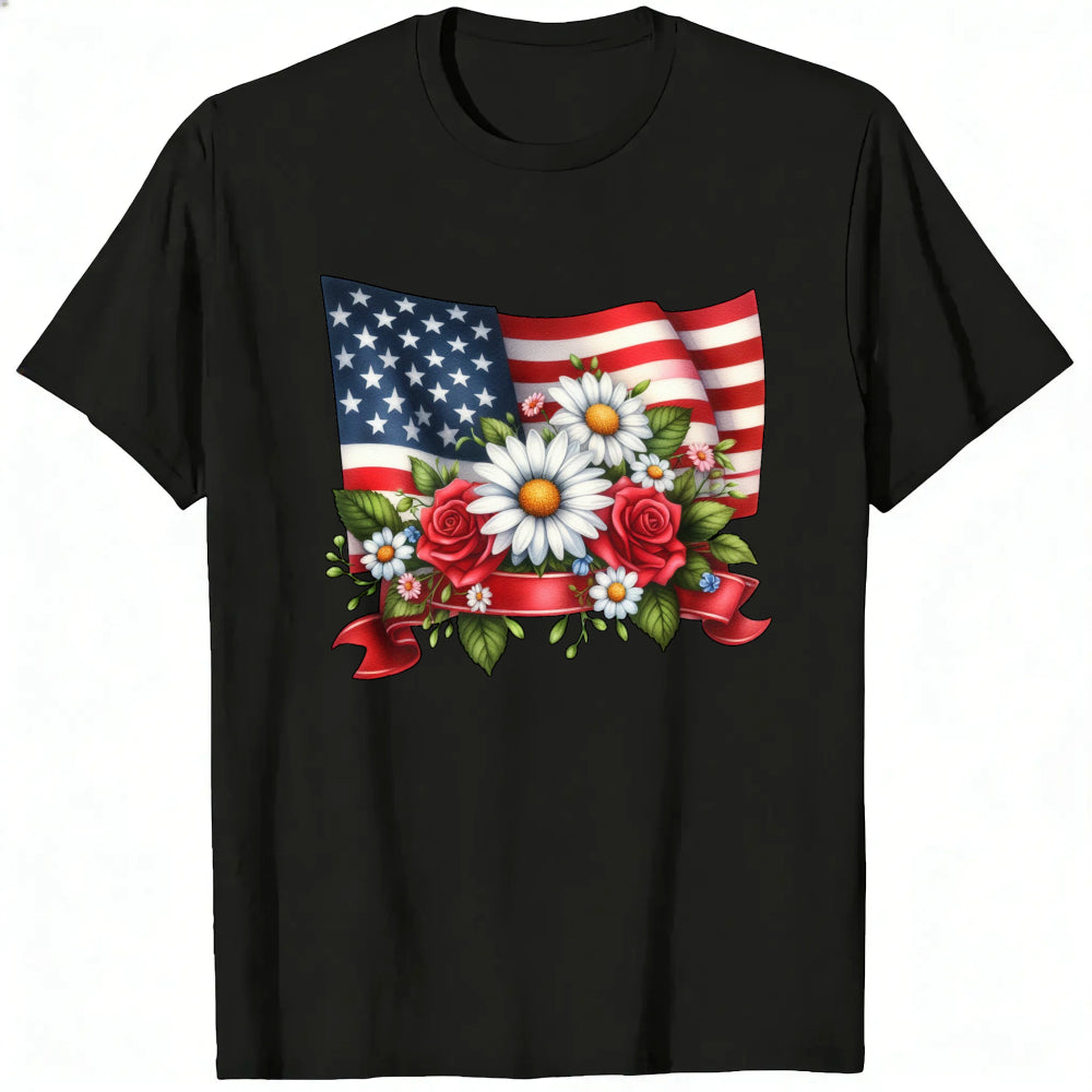 Patriotic American Flag And Flowers Classic T-Shirt
