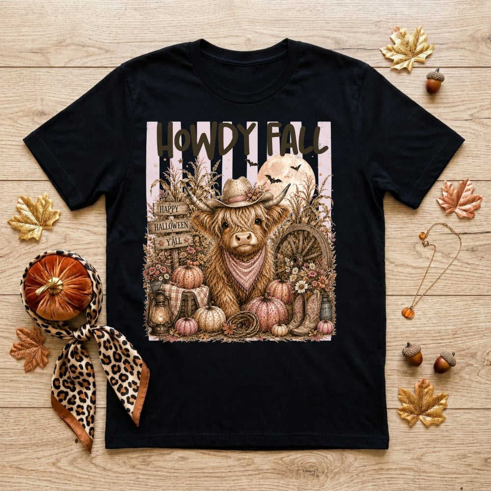 Rustic Farmhouse Halloween Highland Cow Classic T-Shirt Howdy Fall Pumpkin Harvest Autumn Design
