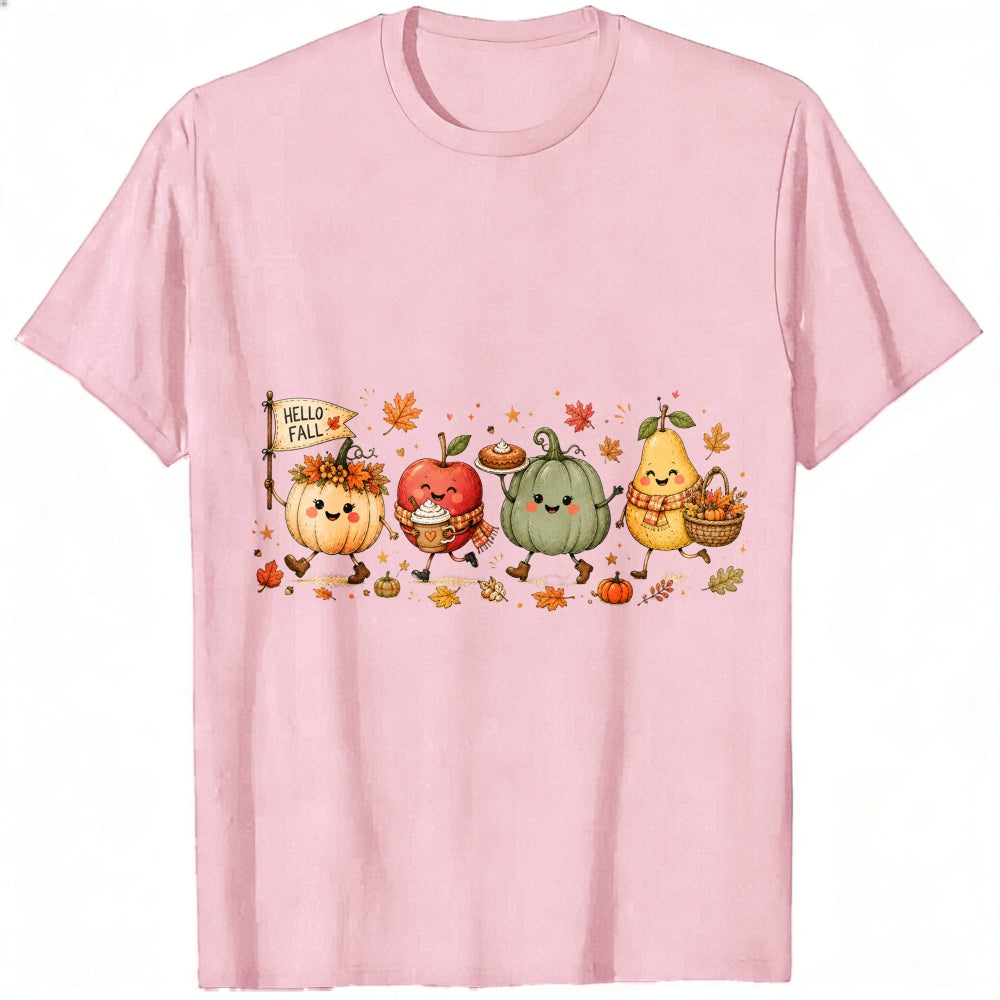 Cute Kawaii Autumn Harvest Pumpkin Apple Pear Classic T-Shirt Hello Fall Seasonal Fruit Vegetable De