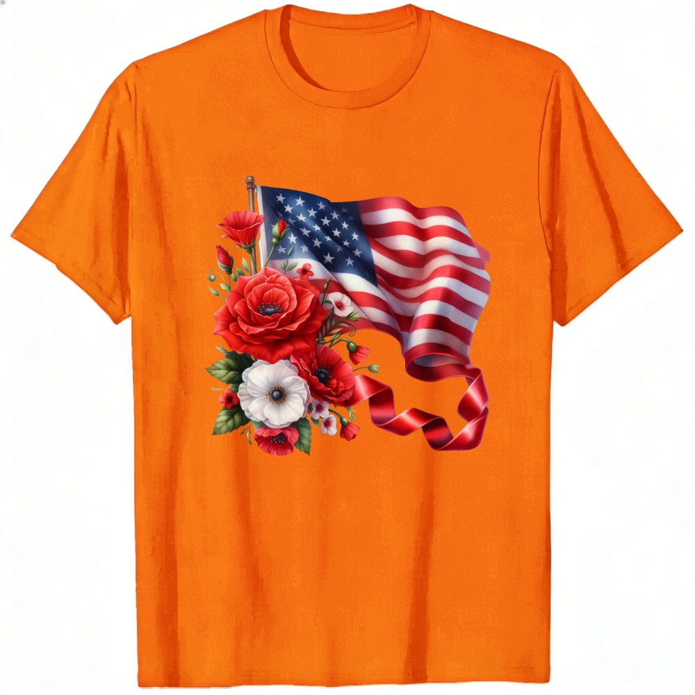 Patriotic American Flag And Flowers Classic T-Shirt