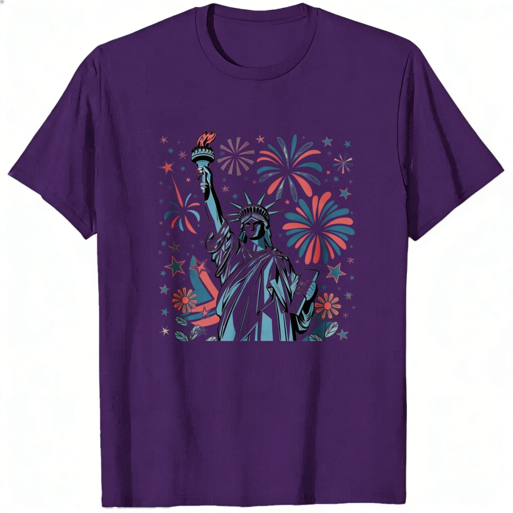 American Patriotic Design Classic T-Shirt Statue Of Liberty Fireworks Stars And Flowers
