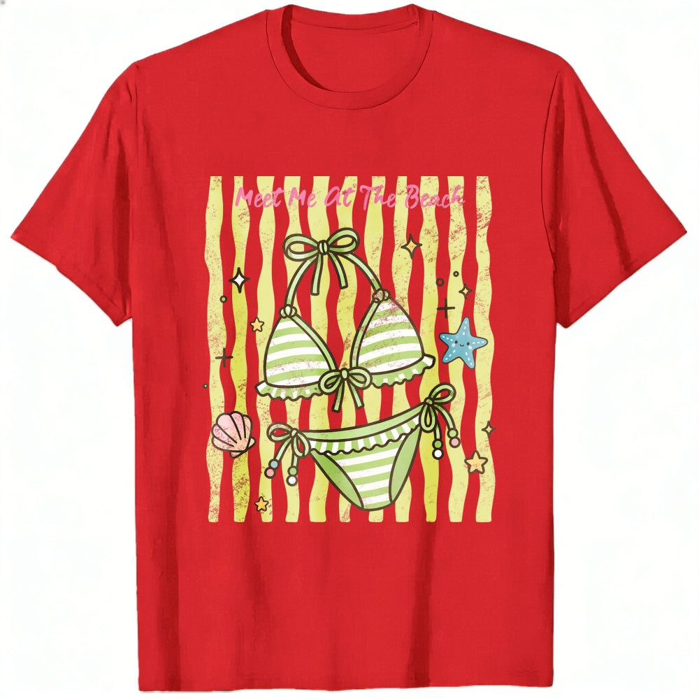 Cute Summer Beach Bikini Graphic Classic T-Shirt Meet Me At The Beach Striped Seashell Starfish Desi