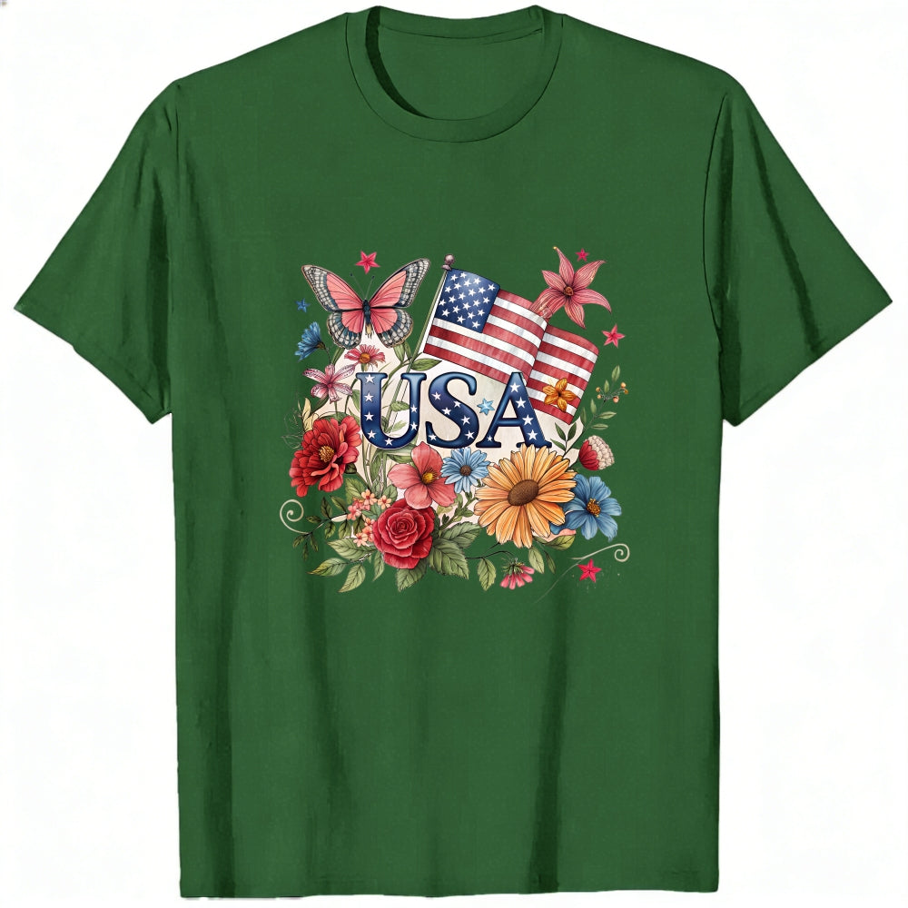 Patriotic Floral Design Classic T-Shirt Usa Flag And Flowers