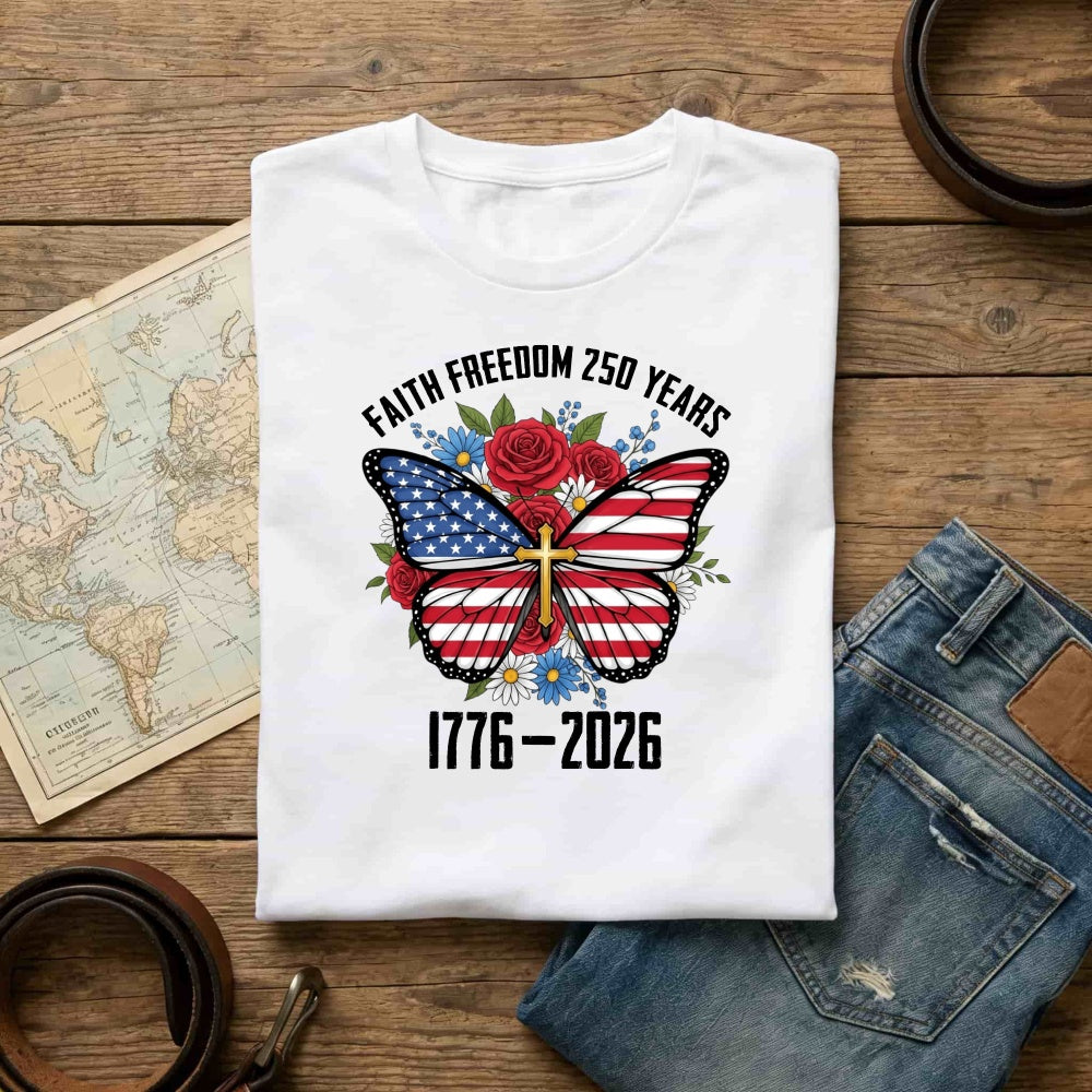 Patriotic Butterfly With American Flag And Roses Classic T-Shirt Faith Freedom 250 Years 1776 2026