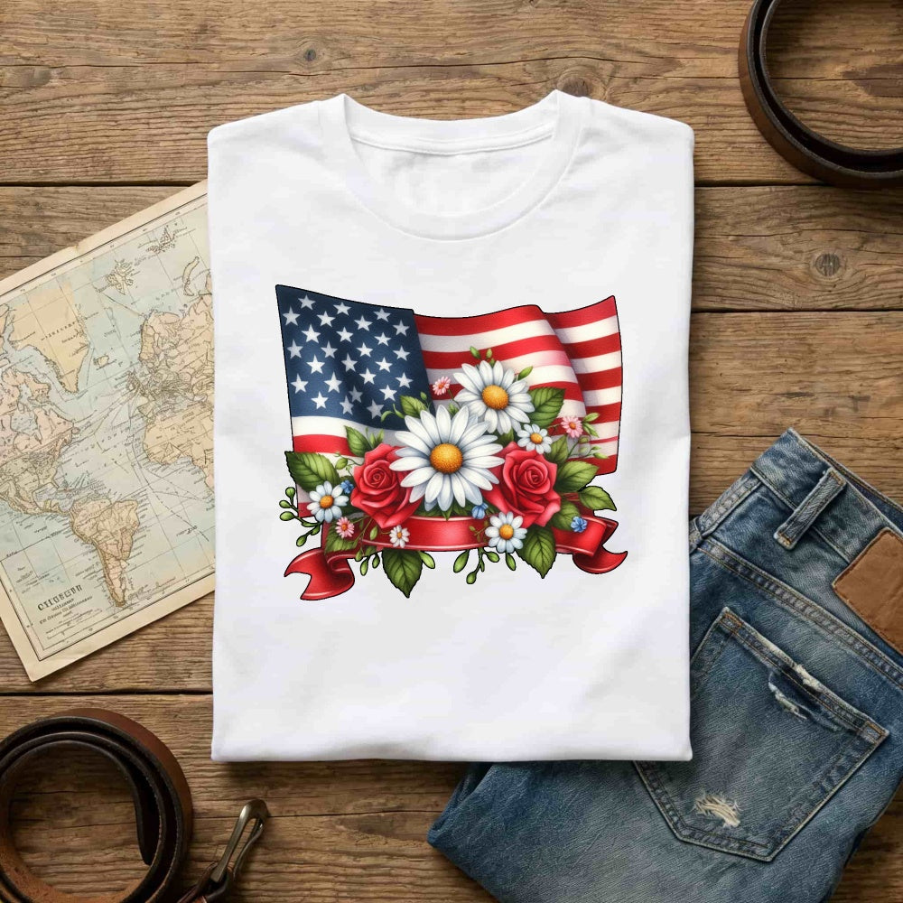Patriotic American Flag And Flowers Classic T-Shirt