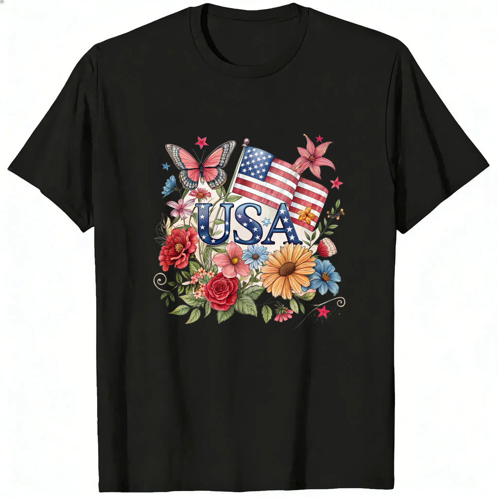 Patriotic Floral Design Classic T-Shirt Usa Flag And Flowers