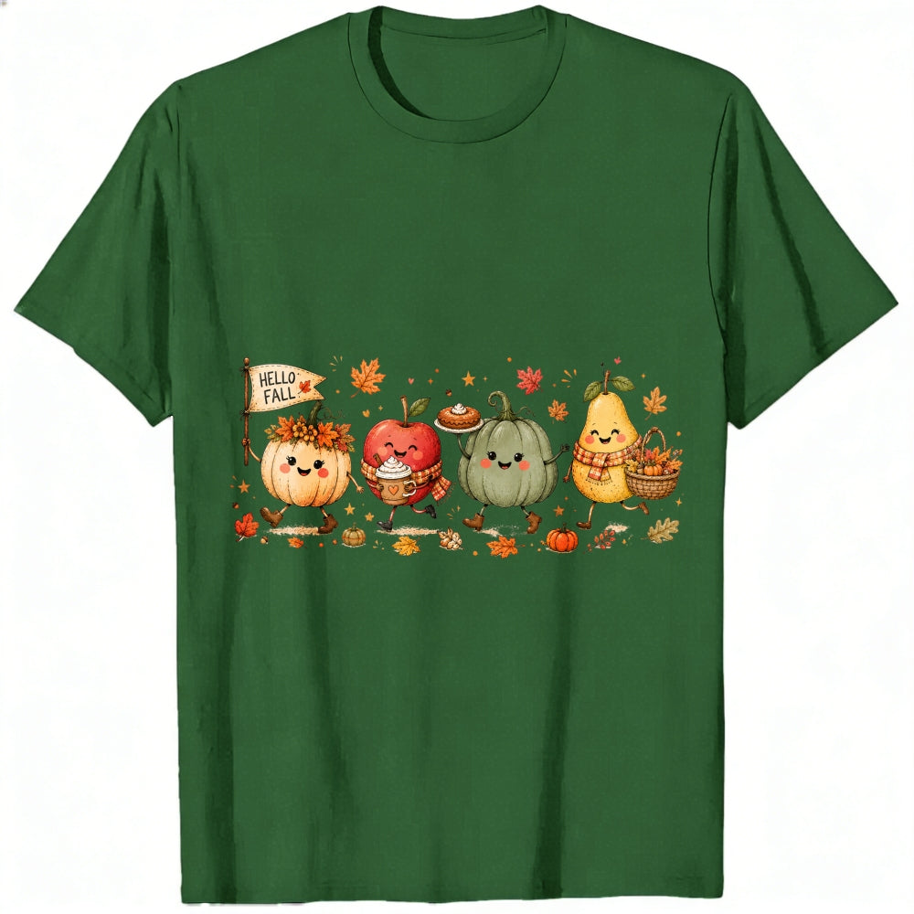 Cute Kawaii Autumn Harvest Pumpkin Apple Pear Classic T-Shirt Hello Fall Seasonal Fruit Vegetable De