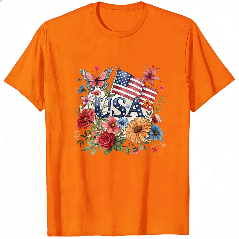 Patriotic Floral Design Classic T-Shirt Usa Flag And Flowers
