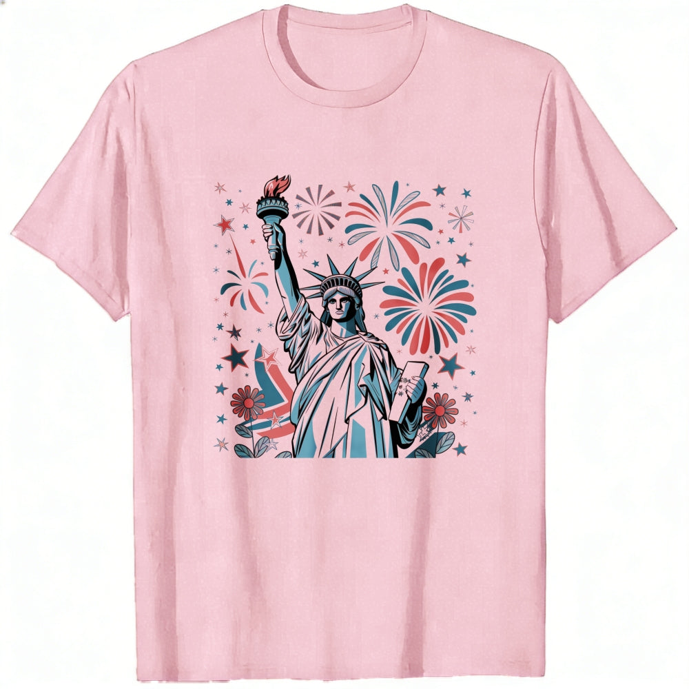 American Patriotic Design Classic T-Shirt Statue Of Liberty Fireworks Stars And Flowers