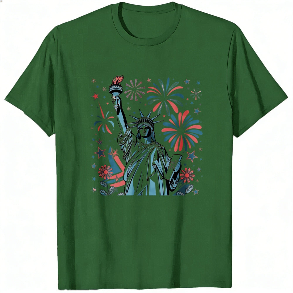 American Patriotic Design Classic T-Shirt Statue Of Liberty Fireworks Stars And Flowers