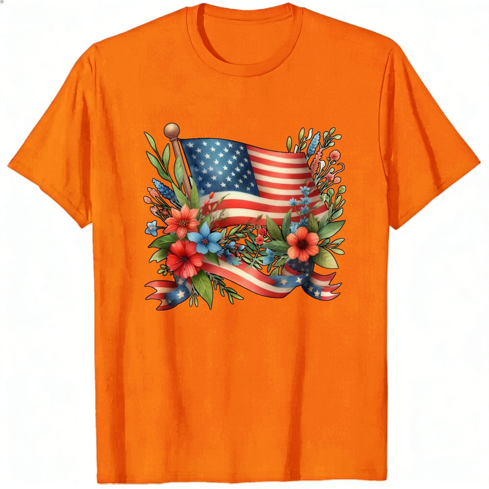 Patriotic Floral Design Classic T-Shirt American Flag And Flowers