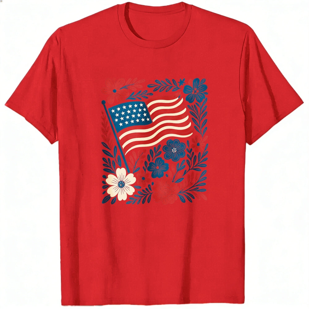 Patriotic Floral Design Classic T-Shirt American Flag And Flowers