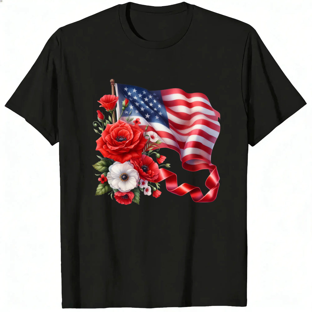 Patriotic American Flag And Flowers Classic T-Shirt