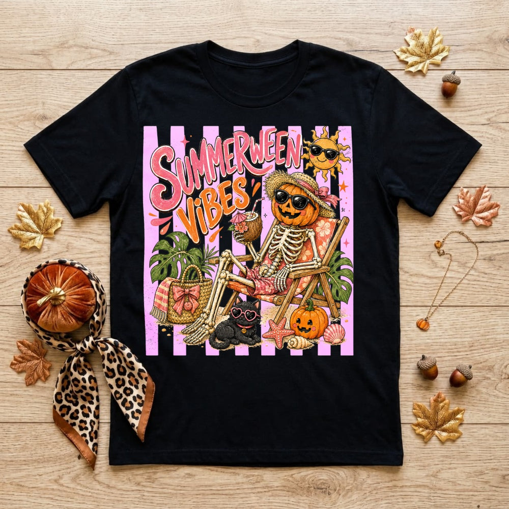 Retro Summer Halloween Vibes Skeleton Pumpkin Beach Classic T-Shirt