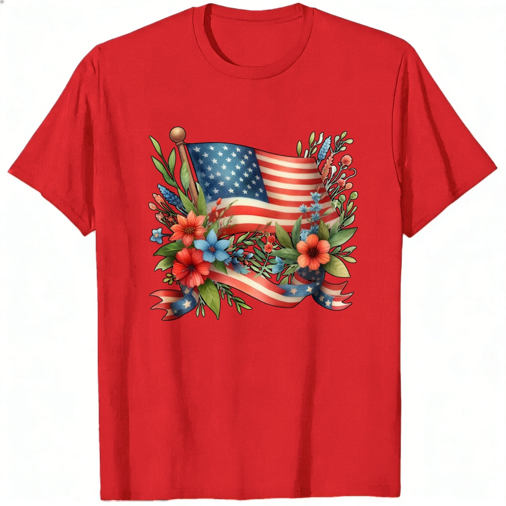 Patriotic Floral Design Classic T-Shirt American Flag And Flowers