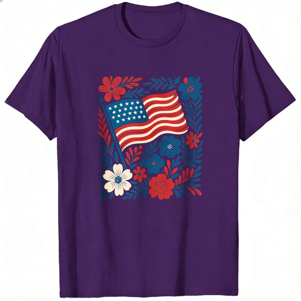 Patriotic Floral Design Classic T-Shirt American Flag And Flowers