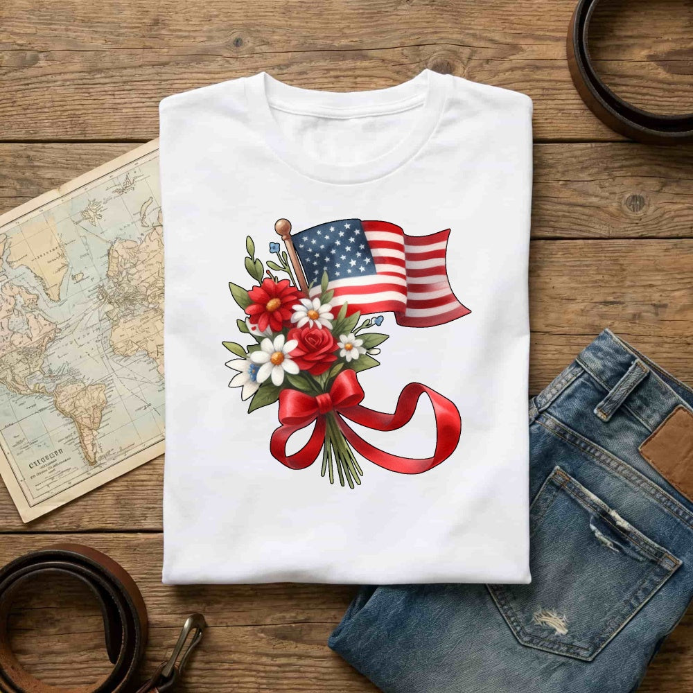 Patriotic Floral Design Classic T-Shirt American Flag And Flowers
